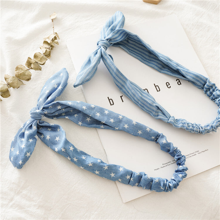 Patterned denim elastic headband with bow