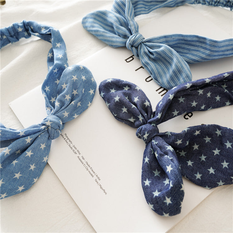 Patterned denim elastic headband with bow