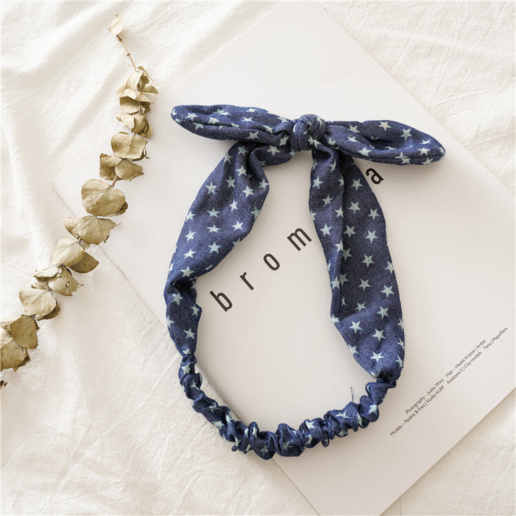 Patterned denim elastic headband with bow