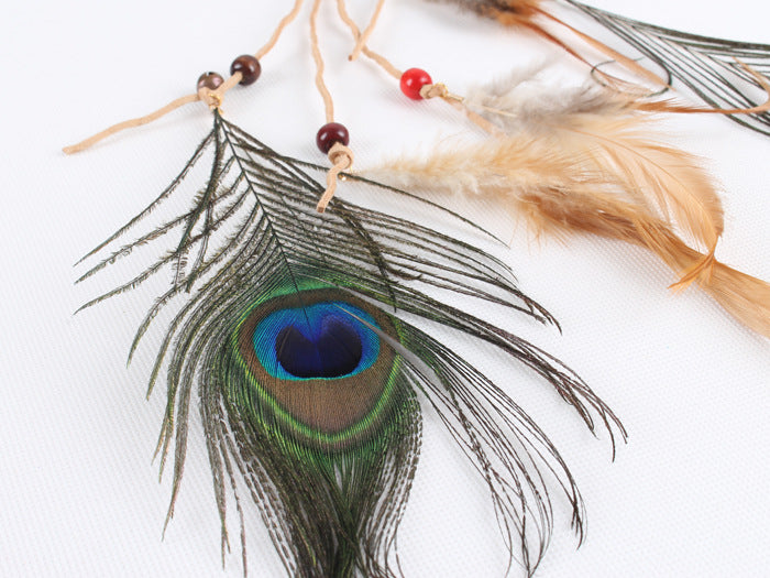 Braide suede tie with brown and peacock feathers