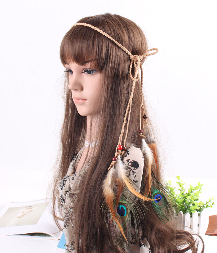 Braide suede tie with brown and peacock feathers