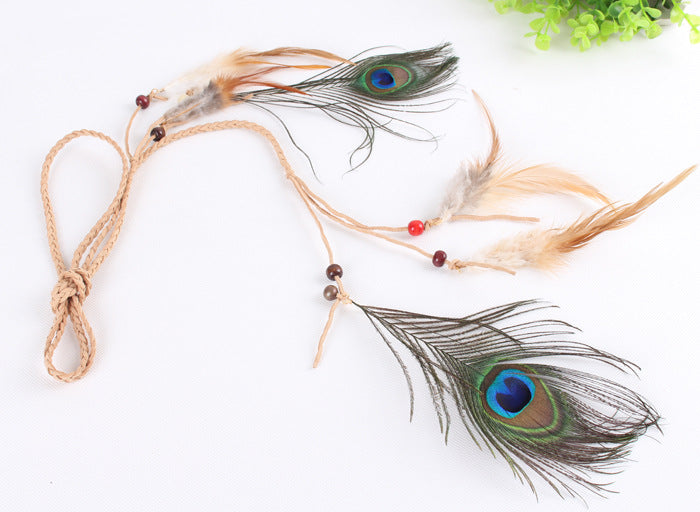 Braide suede tie with brown and peacock feathers