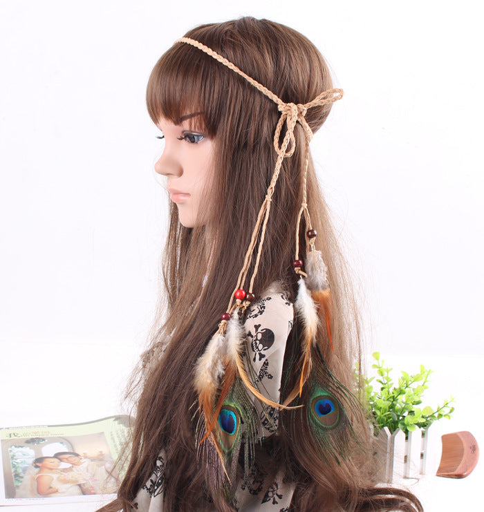 Braide suede tie with brown and peacock feathers