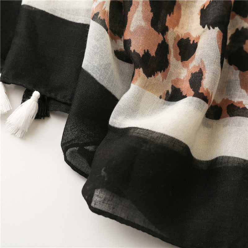 Black brown leopard print long scarf with tassels