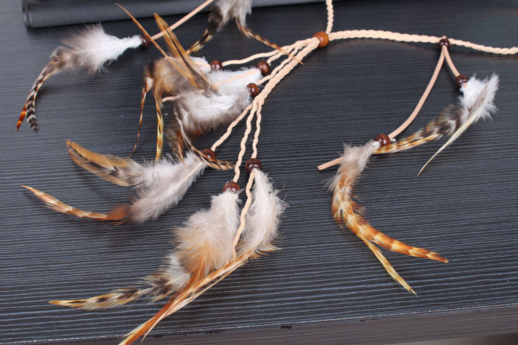 Multi-layer braided suede band with brown feathers