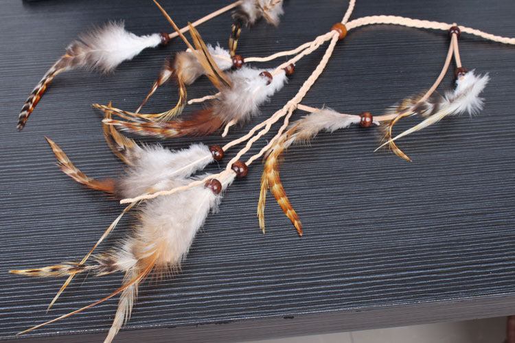 Multi-layer braided suede band with brown feathers