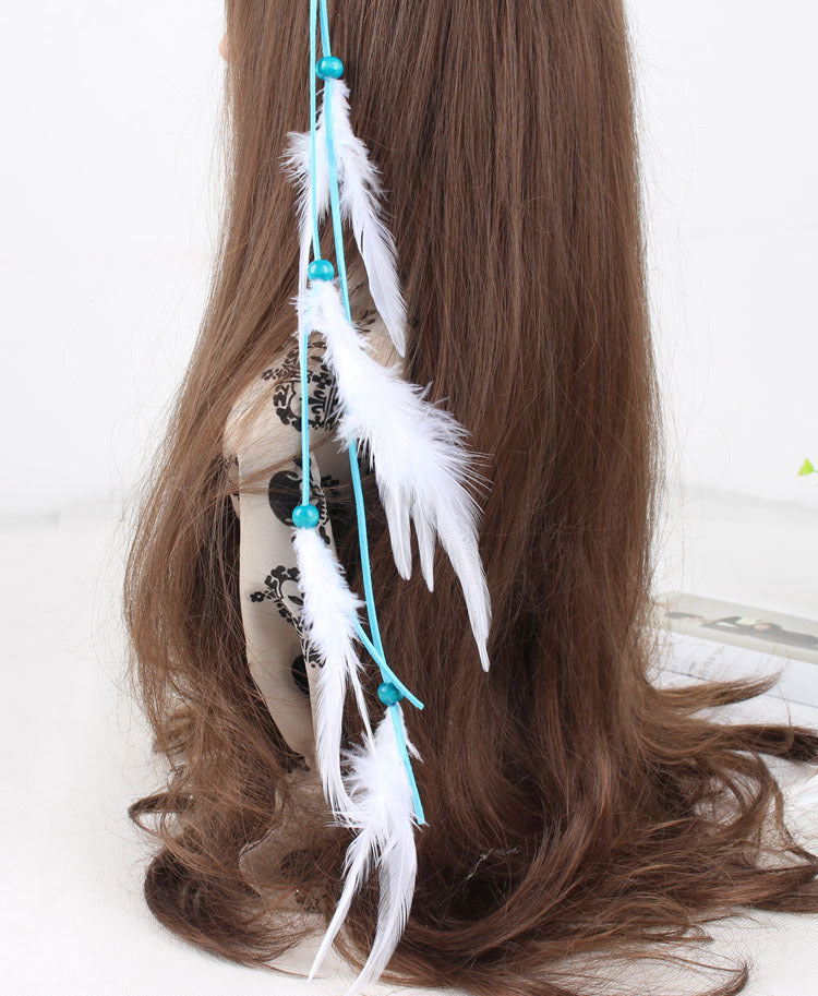 Turquoise beads white feather hair tie