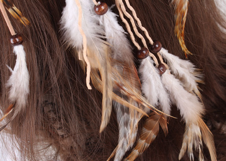 Multi-layer braided suede band with brown feathers