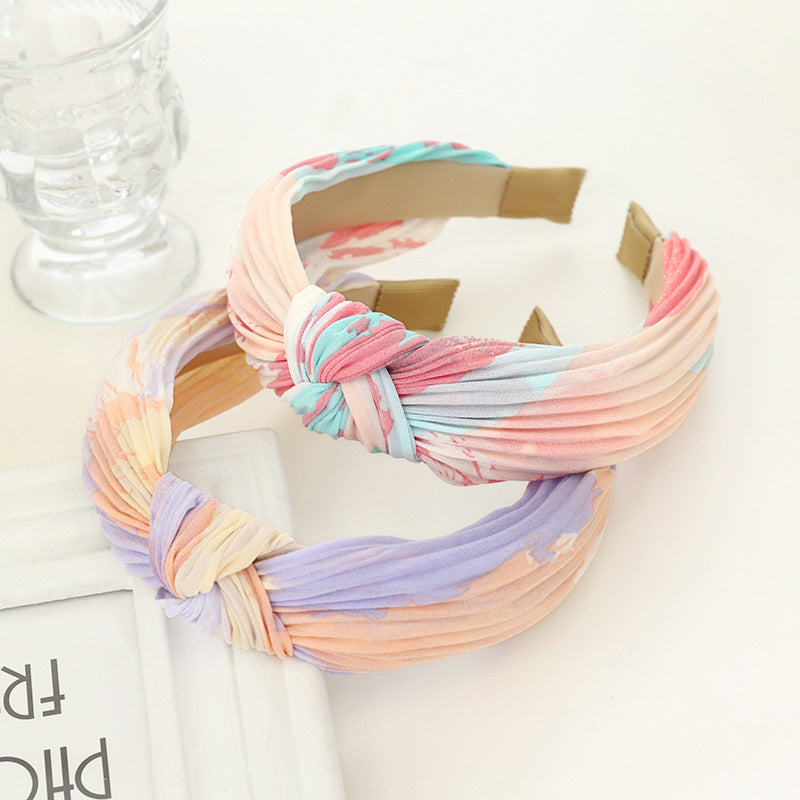 Pleated chiffon tie-dye printed knotted headband