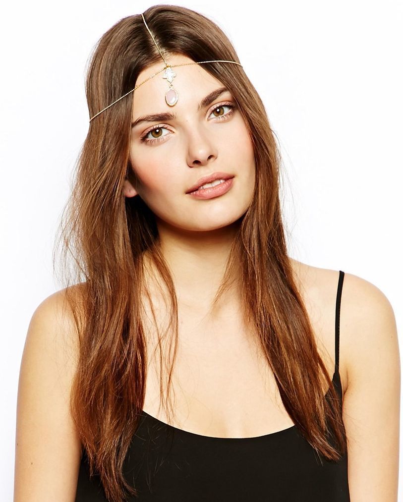 Pink gem drop golden beads head chain