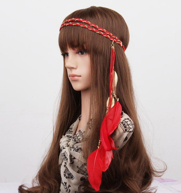 Gold leaves feather elastic headband