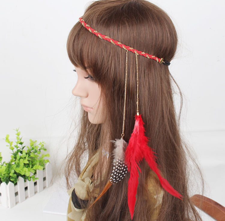 Gold chain red feather elastic headband