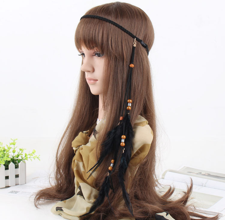 Wooden beads feather elastic headband