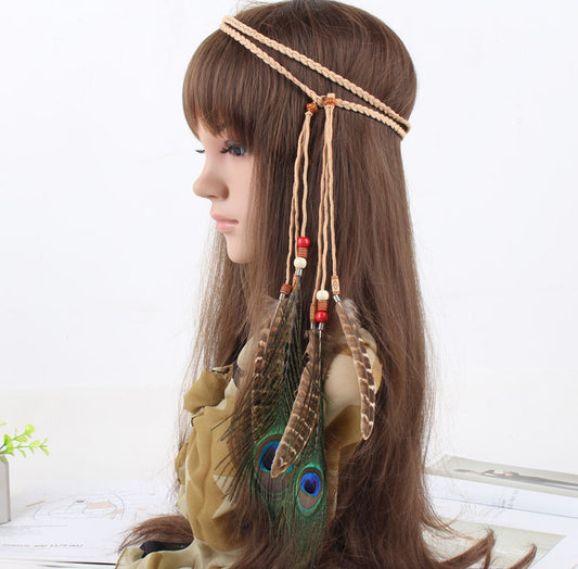 Braided brown suede band with peacock feather hair tie