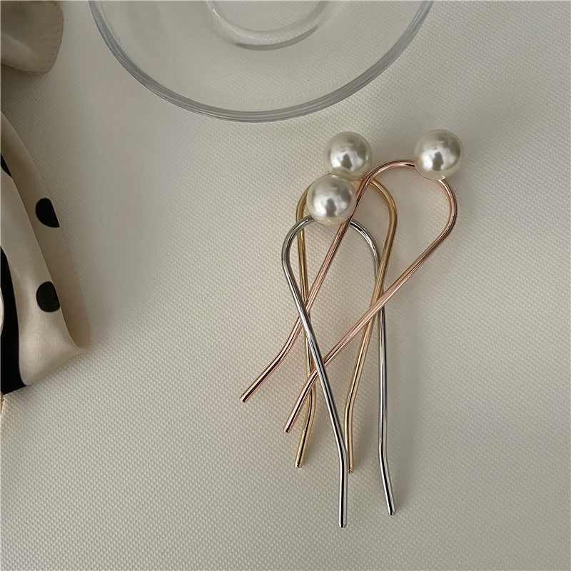 White pearl metal hair fork / French hair pin