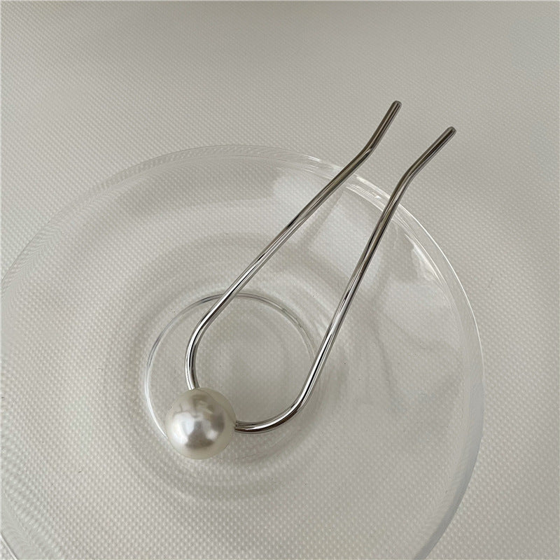 White pearl metal hair fork / French hair pin