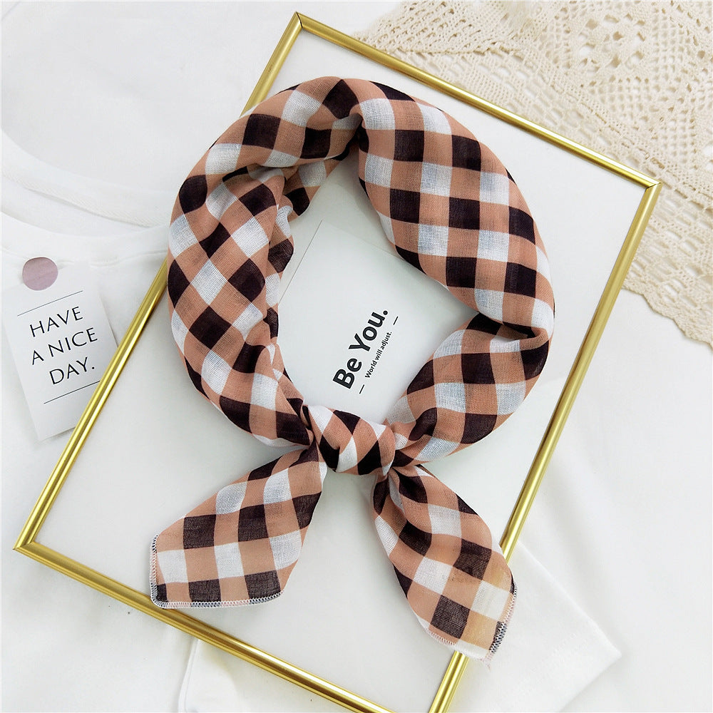 Checkered cotton square scarf in brown orange