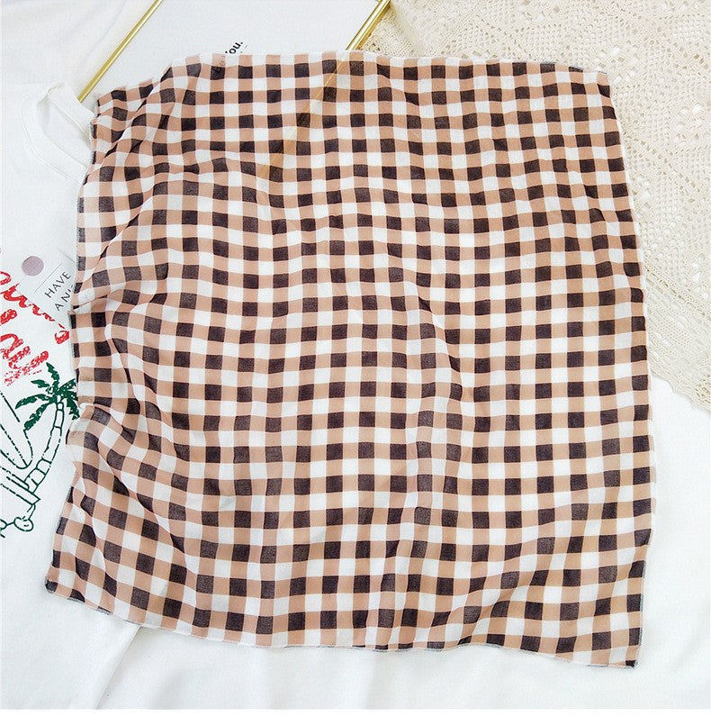 Checkered cotton square scarf in brown orange