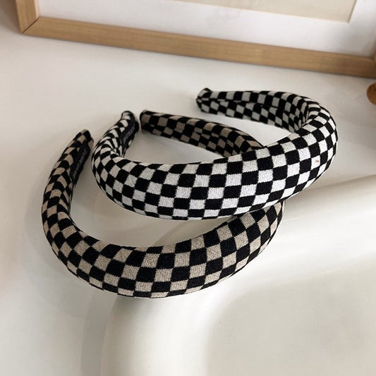 Black White checked pattern padded headband