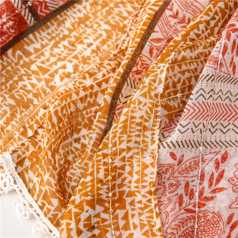 Lace fringed red brown floral print long scarf with sequins