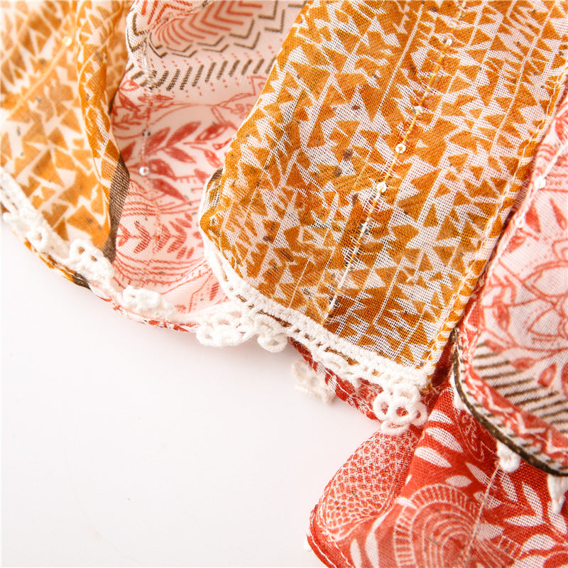 Lace fringed red brown floral print long scarf with sequins