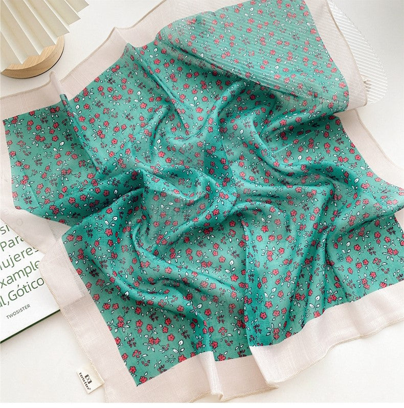 Red flowers printed green square scarf