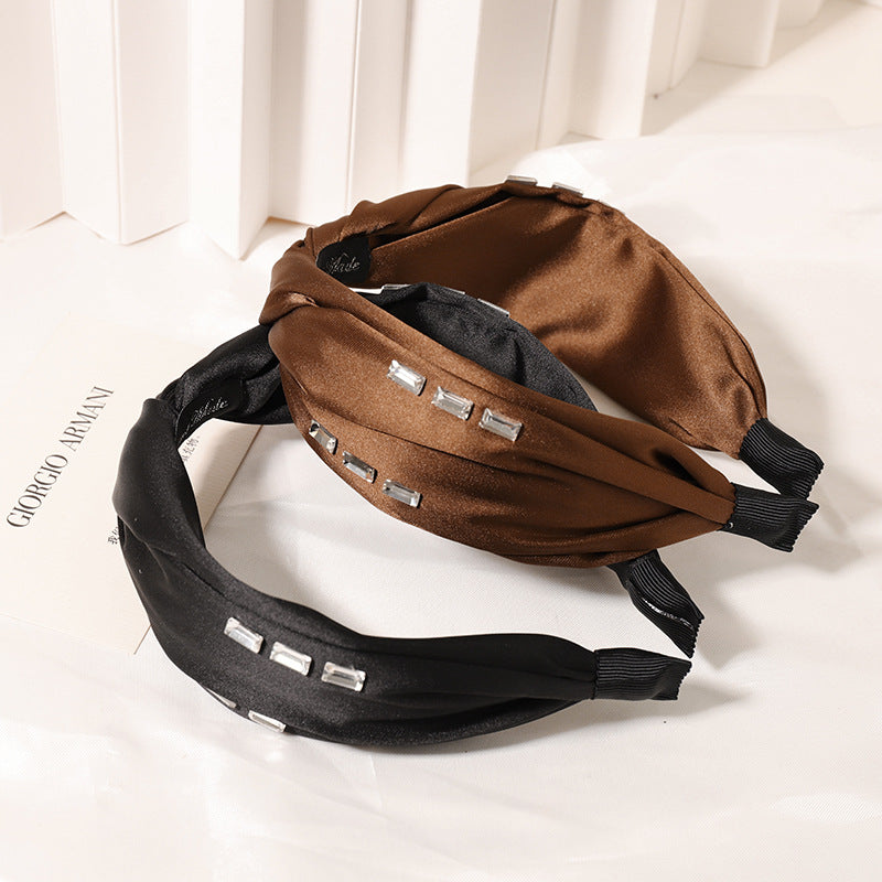 Twisted top silky satin headband with clear gems