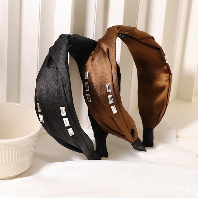 Twisted top silky satin headband with clear gems