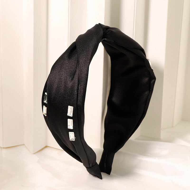 Twisted top silky satin headband with clear gems
