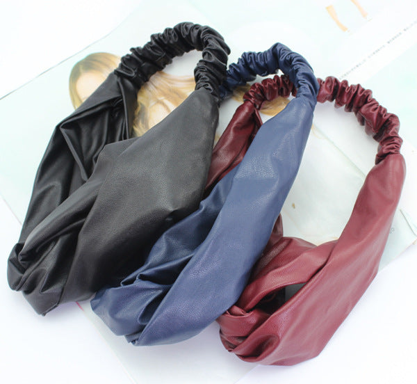 Twist front leather elastic headband