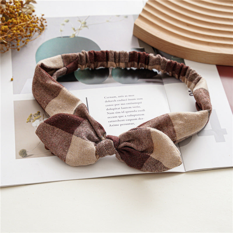 Plaids print elastic headband with bow