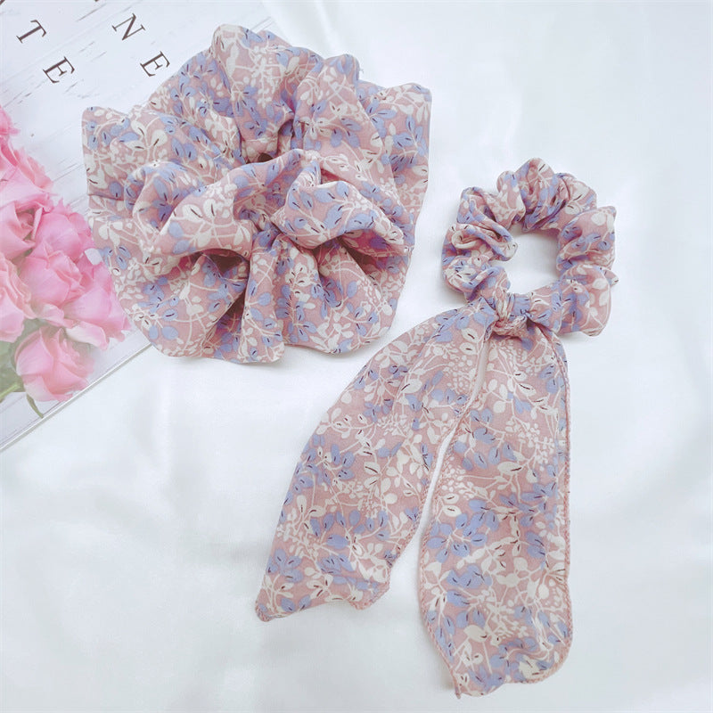 Floral scrunchies in blue and lilac