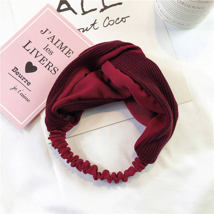Twist front knitted fabric mixed chiffon elastic headband