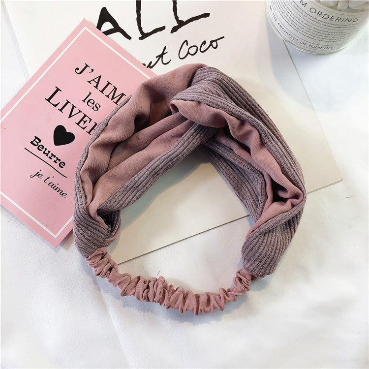 Twist front knitted fabric mixed chiffon elastic headband