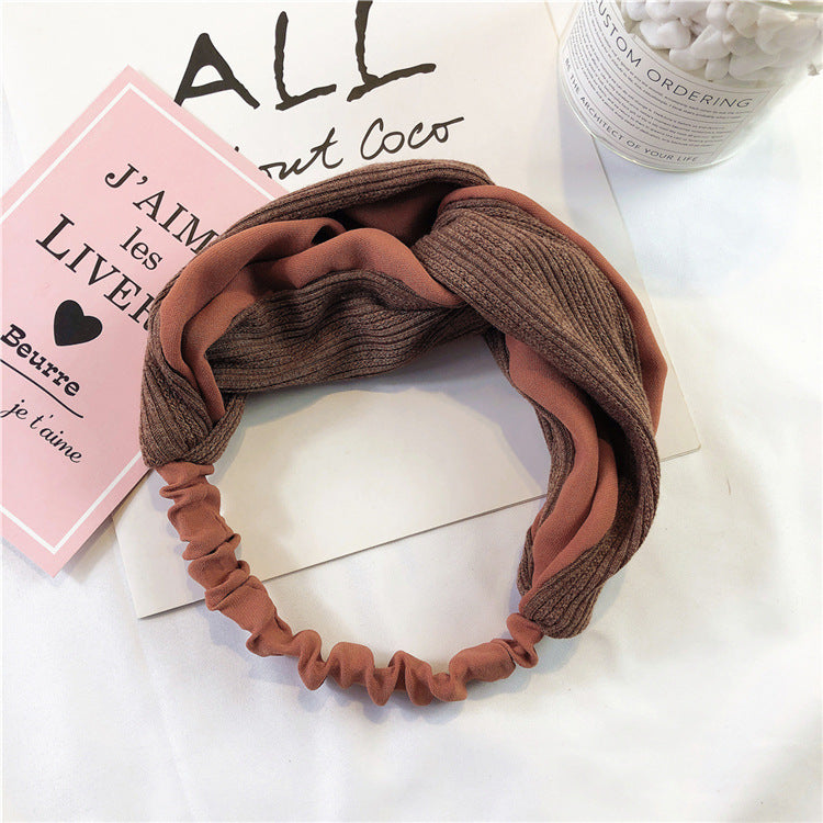 Twist front knitted fabric mixed chiffon elastic headband