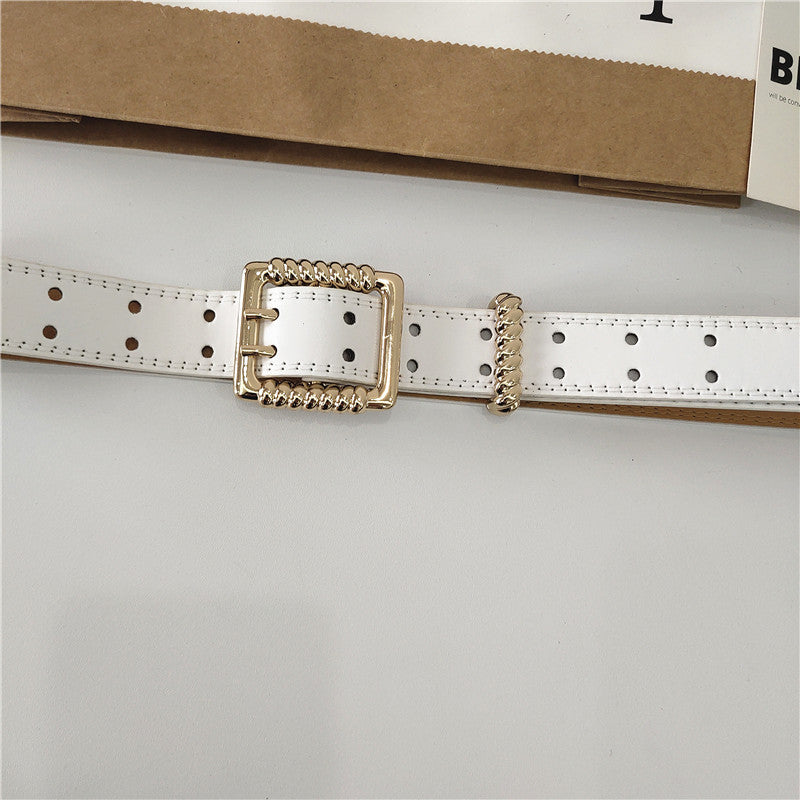 Leather wide belt with double buckles