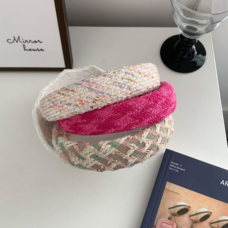 Knitted top thinly padded headband in hot pink