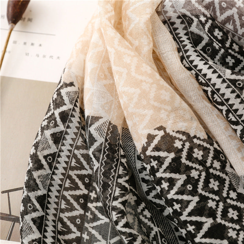 Black mocha geometry waves prints fringed scarf