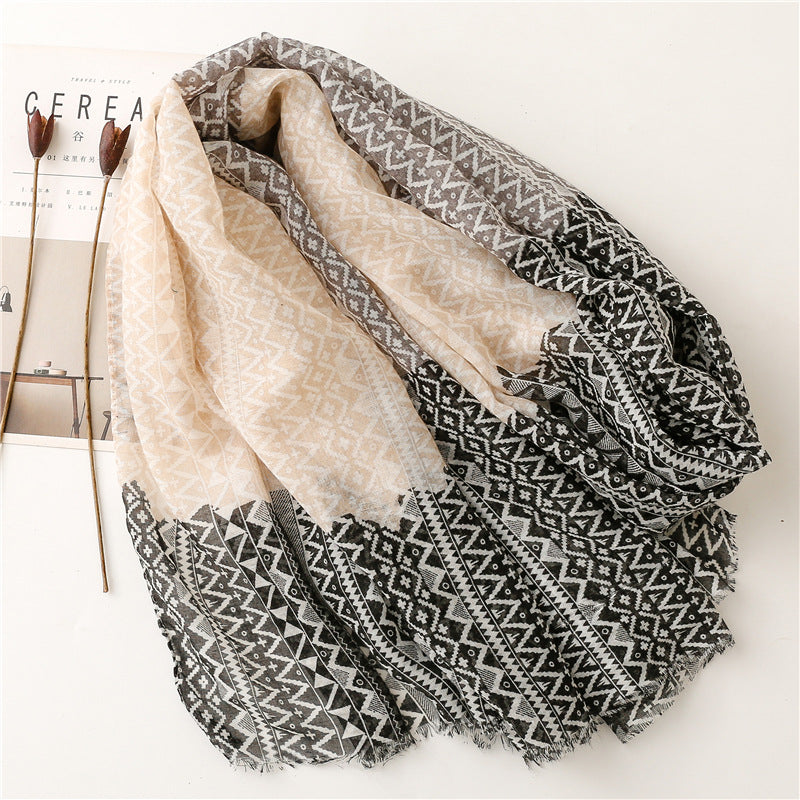 Black mocha geometry waves prints fringed scarf