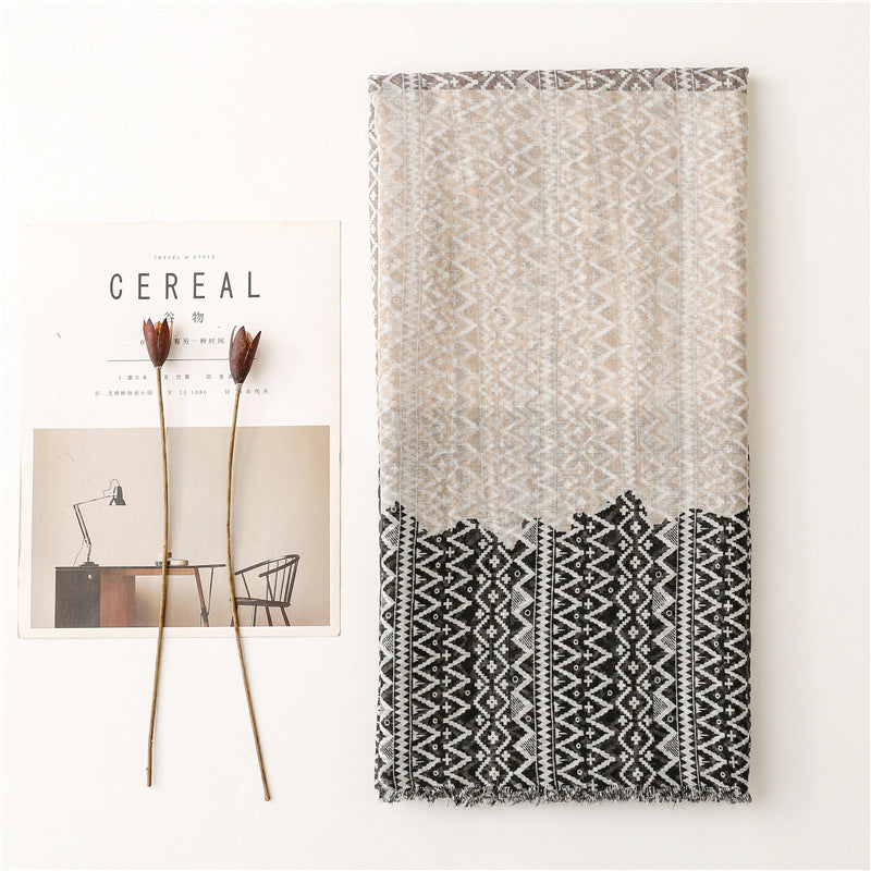 Black mocha geometry waves prints fringed scarf