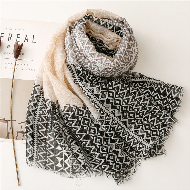 Black mocha geometry waves prints fringed scarf