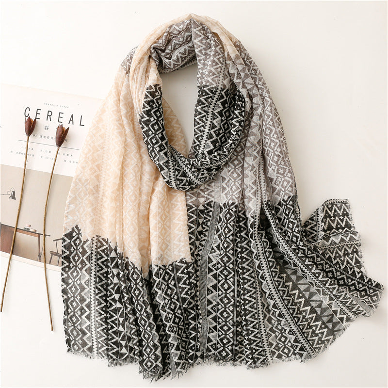 Black mocha geometry waves prints fringed scarf