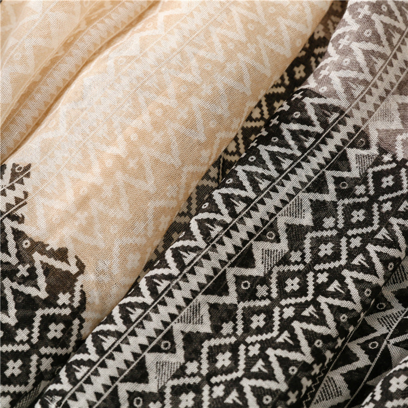 Black mocha geometry waves prints fringed scarf