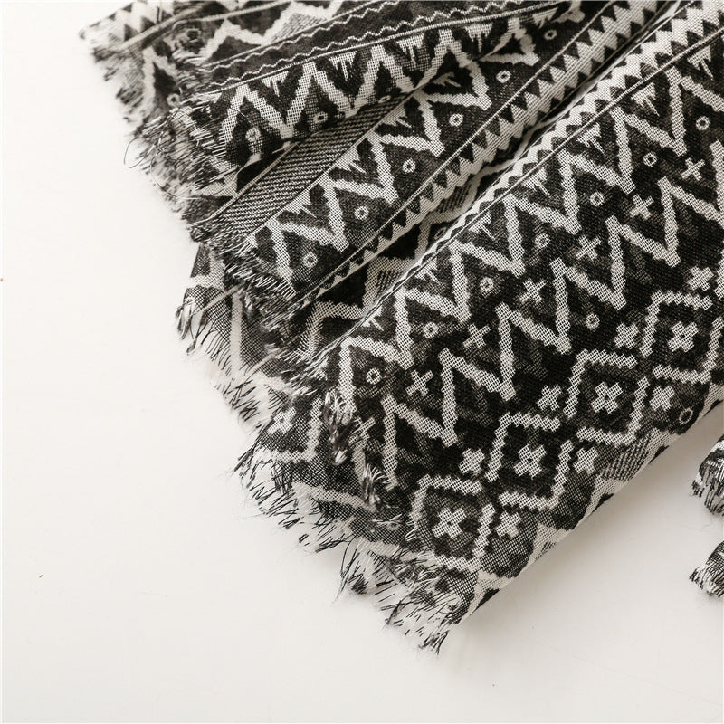 Black mocha geometry waves prints fringed scarf