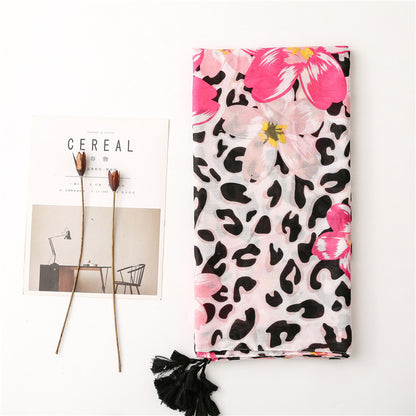 Black leopard & pink flowers prints scarf with tassels