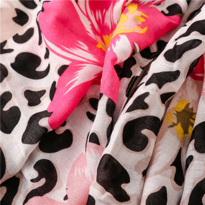 Black leopard & pink flowers prints scarf with tassels