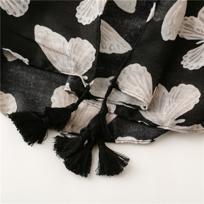 Black butterflies prints scarf with tassels