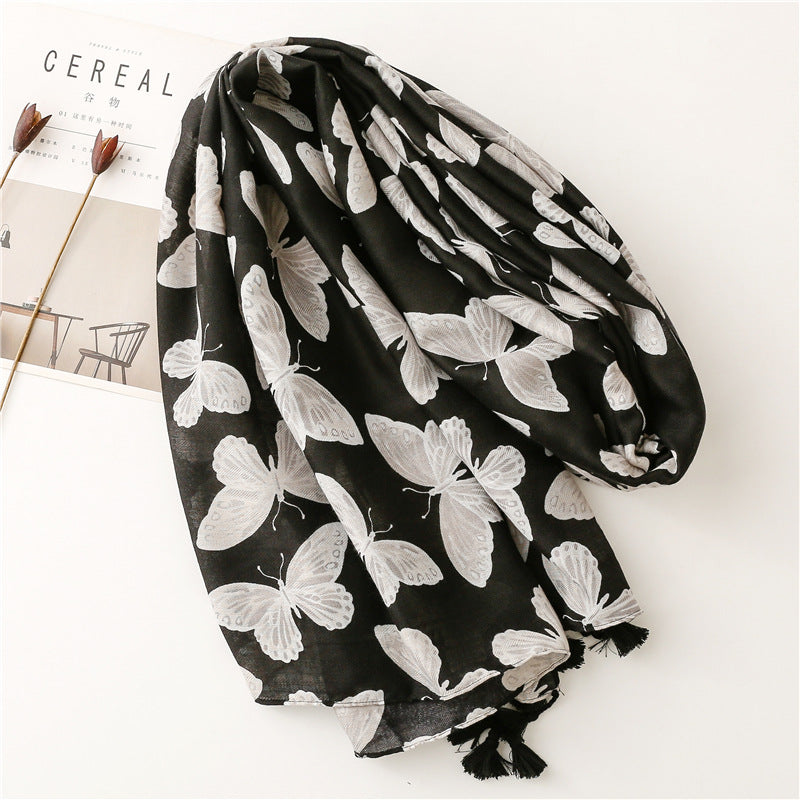 Black butterflies prints scarf with tassels