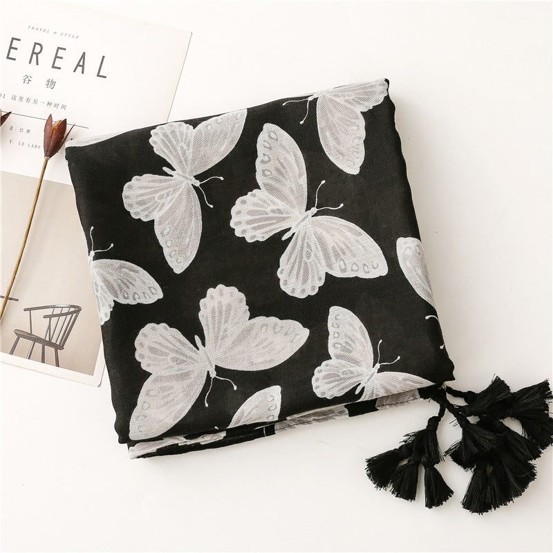 Black butterflies prints scarf with tassels
