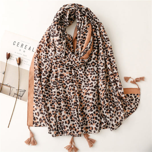 Light brown cheetah prints scarf with tassels